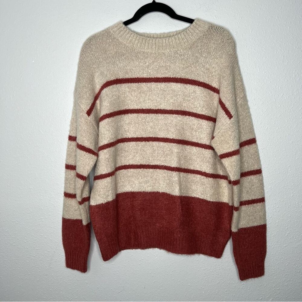 New Lush Cream & Brick Red Striped Crew Neck Sweater Oversized Size S